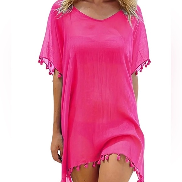 Boho Pink Sheer Summer Cover-Up with Ball Tassel Detail One Size New! - Picture 1 of 9